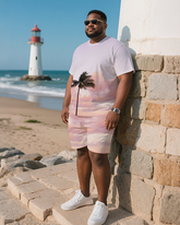 Pink Summer Tropical Men's Plus Size T-Shirt & Shorts Suit